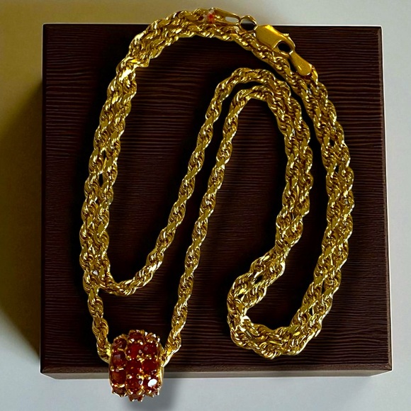 Vintage 14k Gold 4.5 CTW Garnet Ball Charm Pendant 24” Rope 3mm Chain Necklace! - Picture 13 of 16